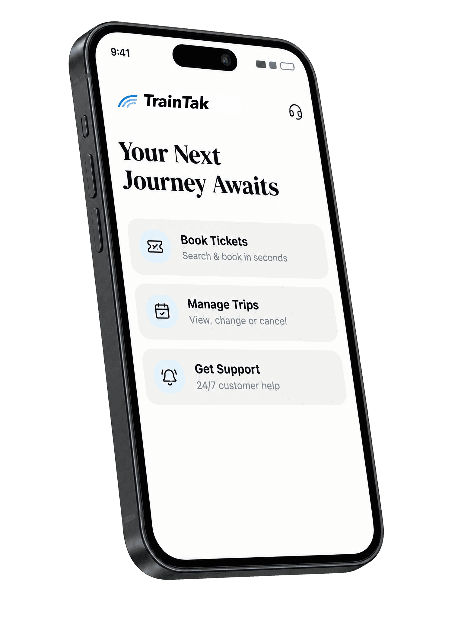 TrainTak on a phone, with shortcuts to book tickets, manage trips and get support